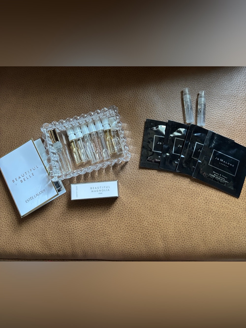 Fragrance sample assortment. Jo Malone, Estée Lauder & Georgio Armani